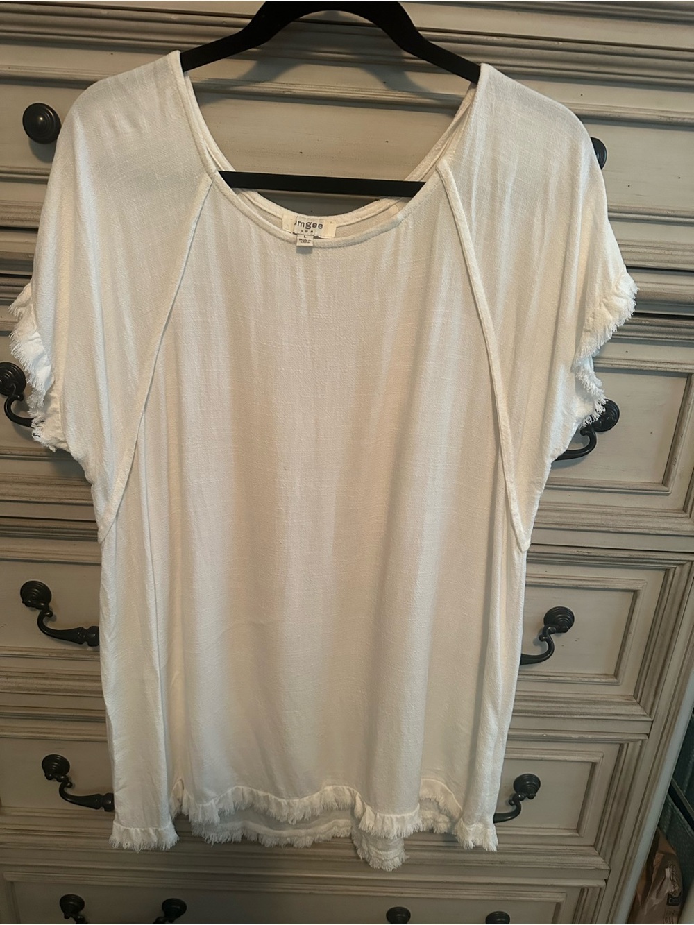 Umgee White Short Sleeve Fringe Trim Tee